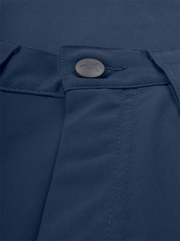 Detaljbild gylf blå servicebyxa med stretch och extra skydd för knän från Texstar